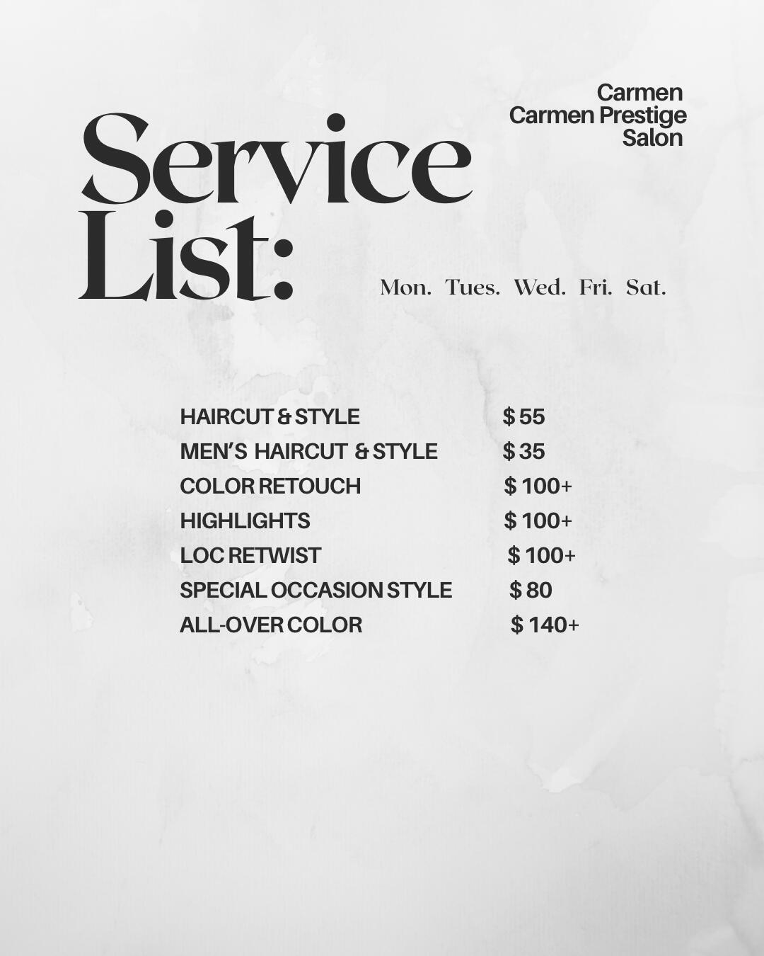 Hair stylist services in Columbia SC Salon services including haircut and style, men's haircut, color retouch, highlights, loc retwist, special occasion style, and all over color