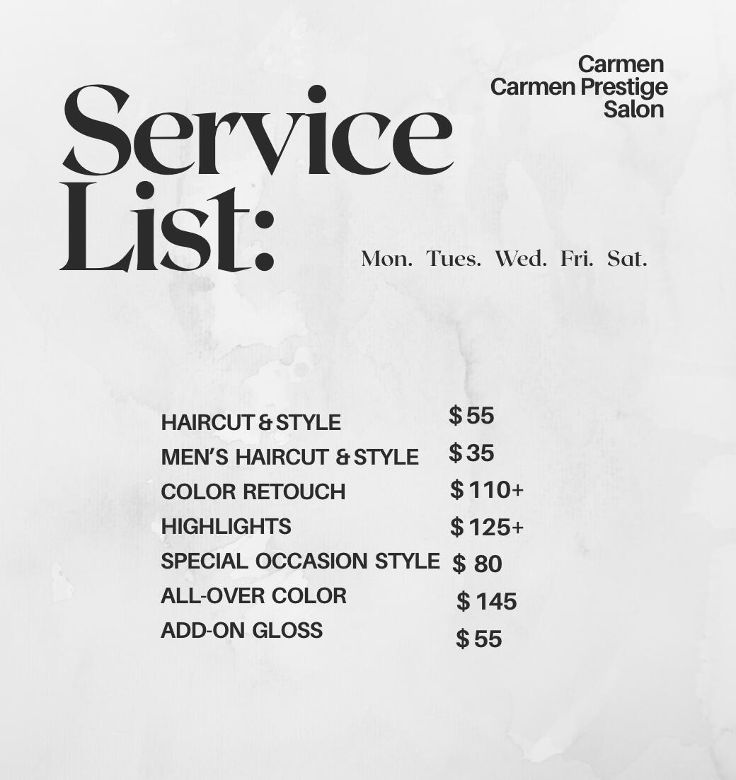 Hair stylist services in Columbia SC Salon services including haircut and style, men's haircut, color retouch, highlights, special occasion style, and all over color, dimensional color, blonding