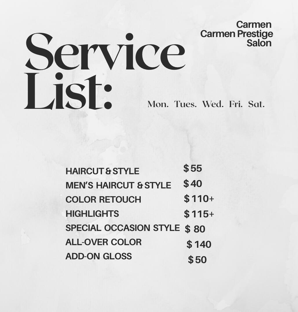 Hair stylist services in Columbia SC Salon services including haircut and style, men's haircut, color retouch, highlights, special occasion style, and all over color, dimensional color, blonding
